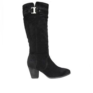 Dr. Scholl's Devote Wide Calf Knee High Boot in Black Faux Suede w/ Gold Size 11